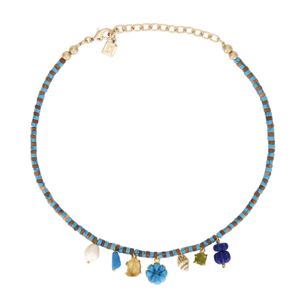 Dannijo Mala necklace with seashell, pearl, and stone charms in blue and gold