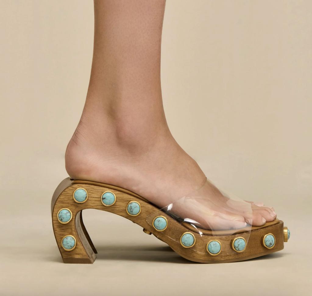 Cult Gaia Devora sandal in wood tone with turquoise stone stud embellishments