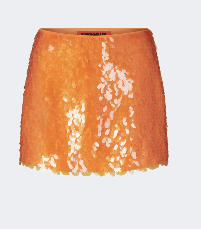 SIMONMILLER Dizzy Sequin Skirt in tangerine orange with oversized teardrop sequins