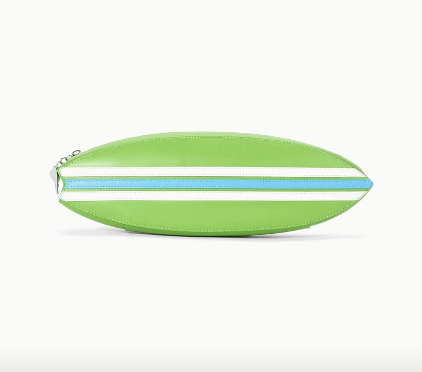 STAUD Surfboard Clutch in green leather with blue and white stripe detailing